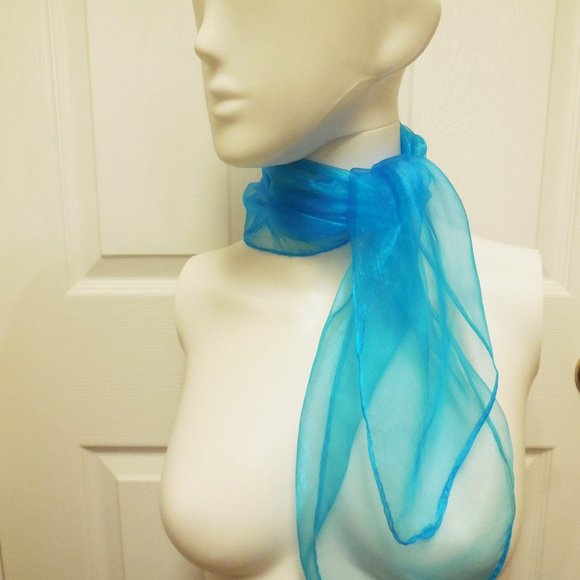 Vintage Scarf Square 22" x 22" blue organza see-through neckerchief - Picture 4 of 5